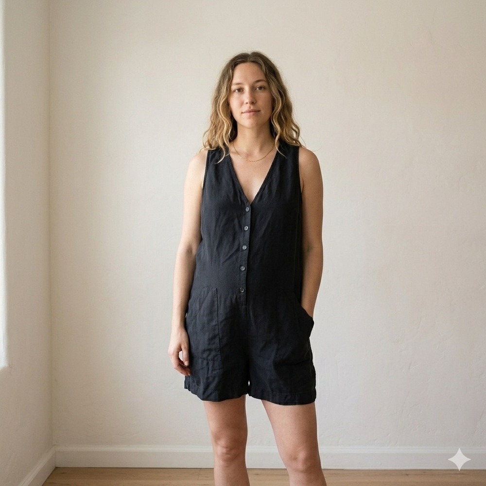 Black V-Neck Linen Sleeveless Romper